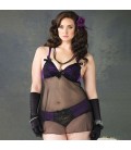 PLUS SIZE SHEER BABYDOLL WITH LACE AND PURPLE FABRIC DETAILS